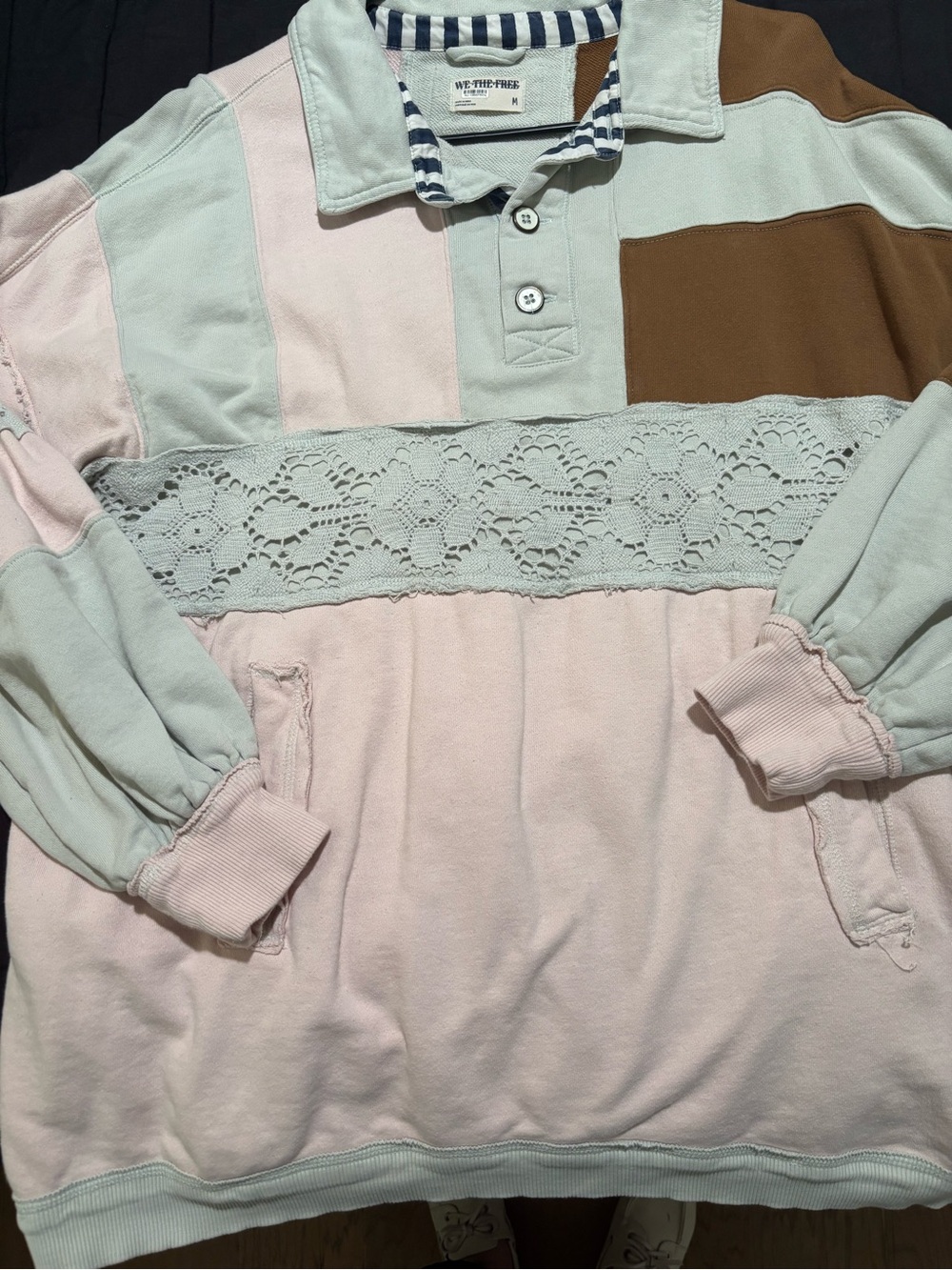 We The Free Colorblock Lace-Trim Rugby Pullover in Pink, Cream & Brown - Picture 2 of 9
